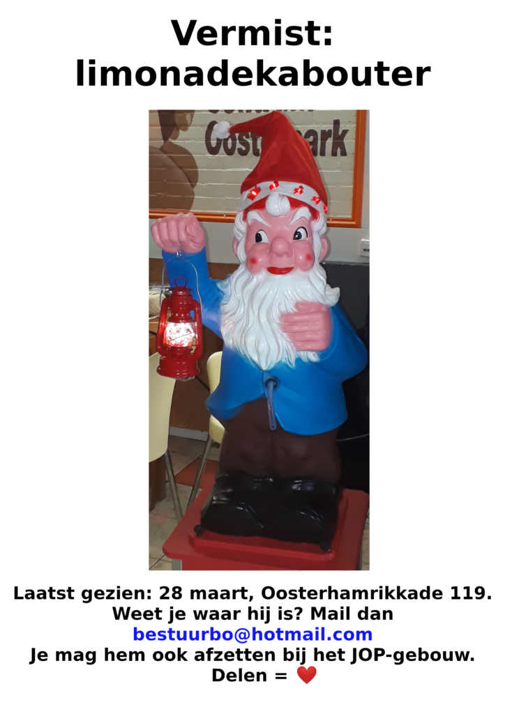 De poster die de vermissing van de kabouter aankondigt