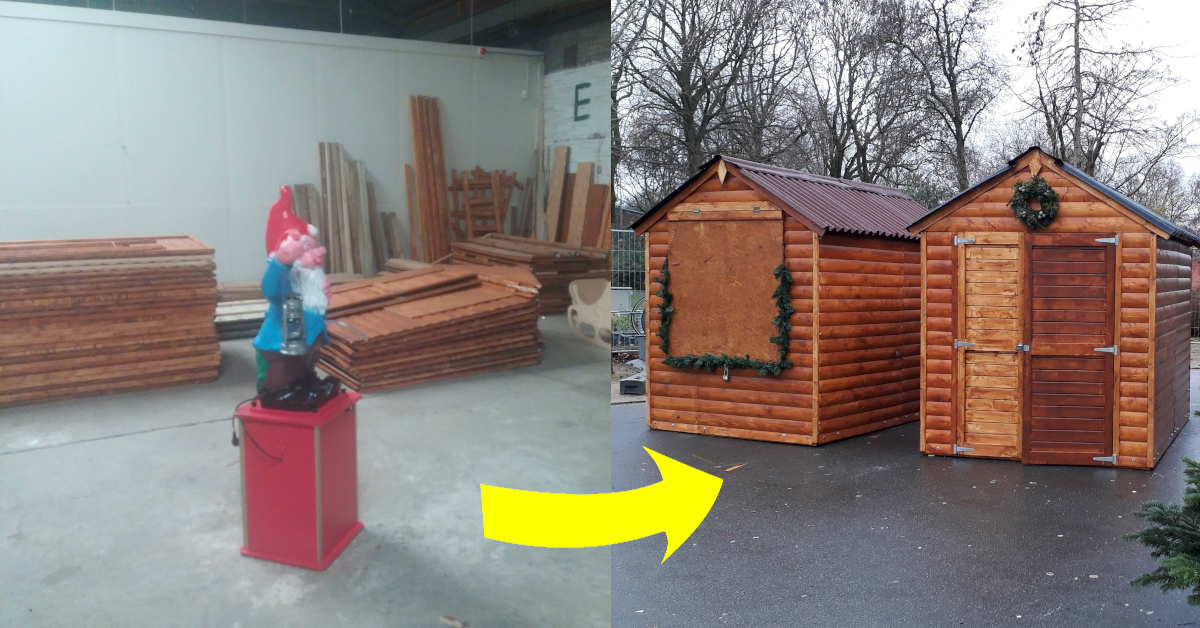 Van wat nu stapels hout zijn, moeten de huisjes gebouwd worden